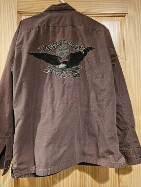 Harley-Davidson Shirt Jacket Mens Medium Eagle Motorcycle Brown Lined Snap